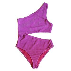 Beach Riot Celine Ribbed Cutout One Shoulder Monokini Swimsuit M Fuschia Rose